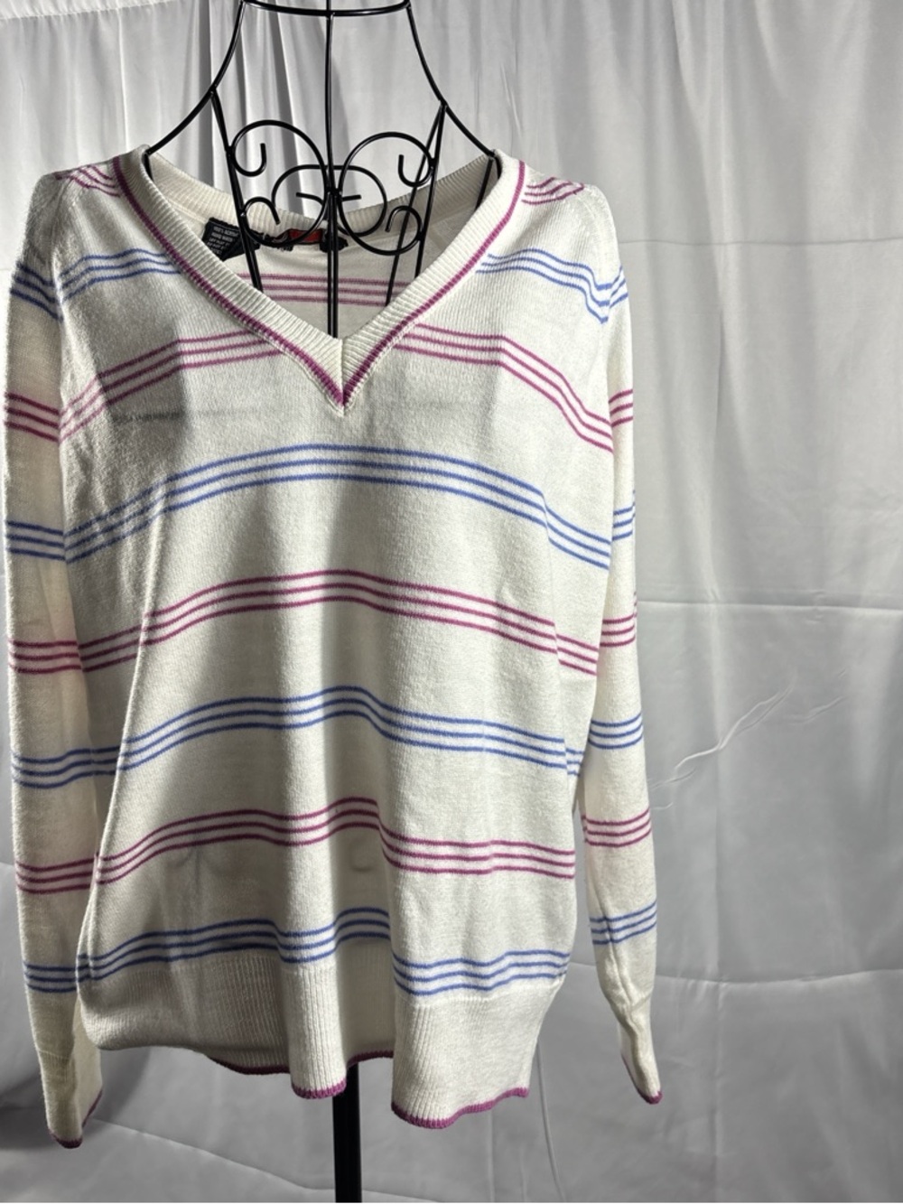 Striped V-Neck Sweater in White with Pink & Blue Stripes